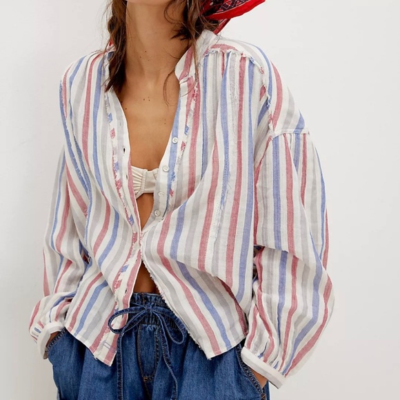 NWOT $128 We The Free People Valley Double Cloth Striped Shirt Ivory Combo Sz M - Picture 1 of 7